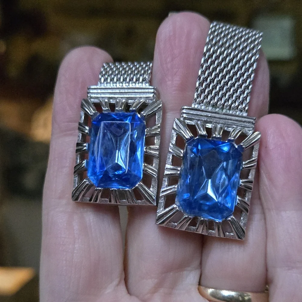 Swank blue topaz silver mesh vintage cufflinks